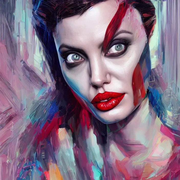 Prompt: portrait of Angelina Jolie as a harley quinn. intricate abstract. intricate artwork. by Tooth Wu, wlop, beeple, dan mumford. octane render, trending on artstation, greg rutkowski very coherent symmetrical artwork. cinematic, hyper realism, high detail, octane render, 8k, iridescent accents