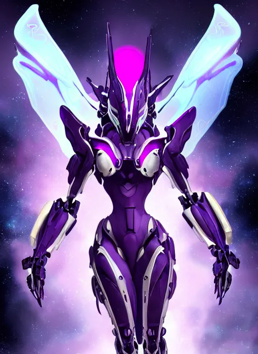 Image similar to cinematic close shot, galactic sized proportional stunning beautiful hot female warframe, sleek mecha goddess dragon head, metal ears, led purple eyes, smooth fuschia skin, smooth silver armor, floating in space, holding a galaxy, epic proportions, epic size, epic detail, furry art, dragon art, giantess art, warframe fanart, furaffinity, octane