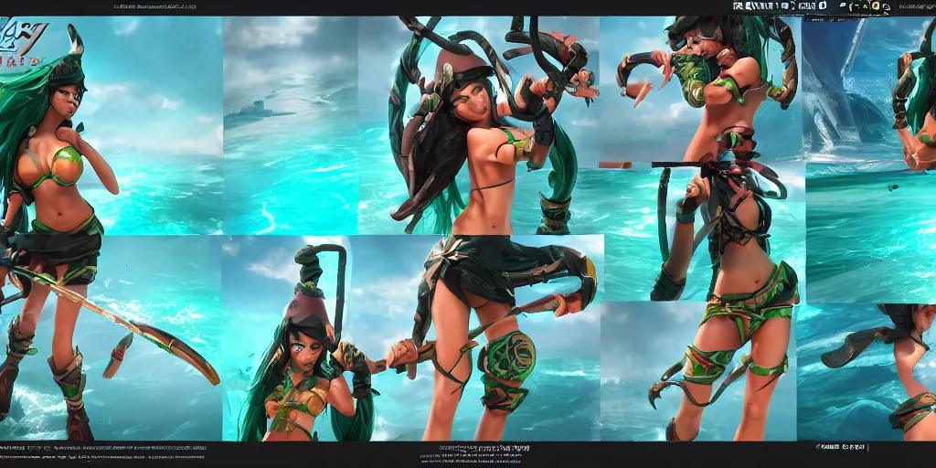 Image similar to beautiful character sheet of pool party Akali (wild rift), views from multiple angles. 3d render, octane render, realistic, highly detailed, 4k, trending on artstation, pixar, cgsociety, unreal engine 5, redshift render, trending on artstation, blender, behance, cg