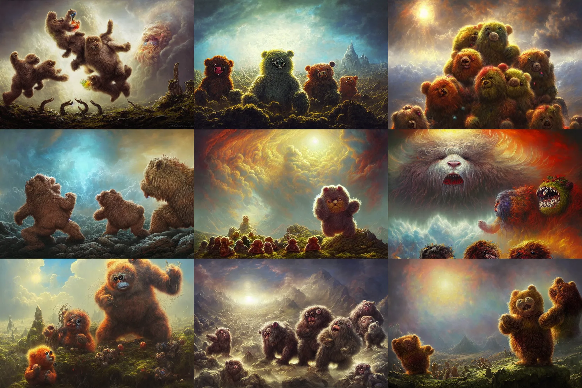 Prompt: highly detailed elden ring portrait photo of multicolored furbolg care bears tormenting the souls of the damned ontop a white cloud landscape in hell, hyperrealistic illustration by william didier pouget and tomasz alen kopera