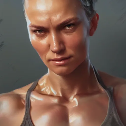 Image similar to a woman with muscles, digital art, photorealistic, unreal engine, 8 k resolution, artstation, beautiful face, pretty face, very detailed eyes, by wlop, greg rutkowski, simon bosley