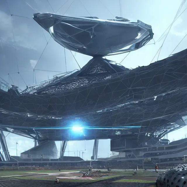 Image similar to a futuristic stadium with a giant metal gear on the field, the metal gear is tall, the stadium has a full crowd, unreal engine, hyper realism, realistic shading, cinematic composition, realistic render, octane render, detailed textures, photorealistic, wide shot