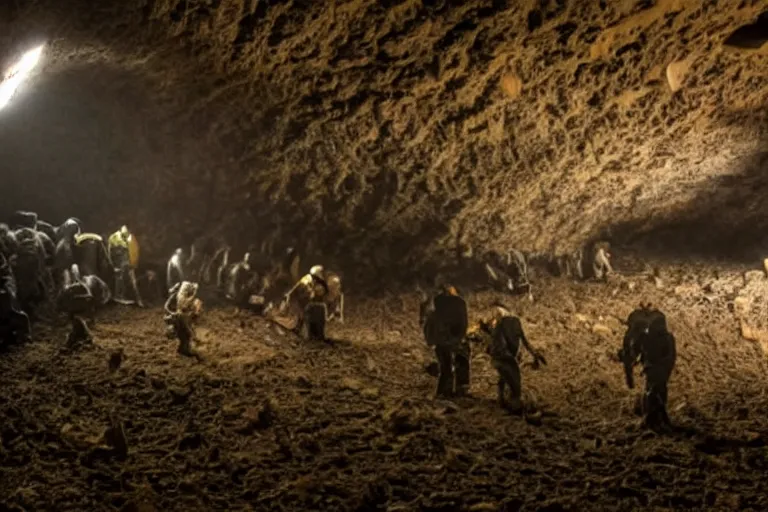 Image similar to miners in a dark cave discovers an alien egg, low quality shot, eerie, bizarre