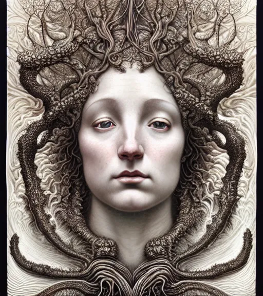 Image similar to detailed realistic beautiful drake goddess face portrait by jean delville, gustave dore, iris van herpen and marco mazzoni, art forms of nature by ernst haeckel, art nouveau, symbolist, visionary, gothic, neo - gothic, pre - raphaelite, fractal lace, intricate alien botanicals, ai biodiversity, surreality, hyperdetailed ultrasharp octane render