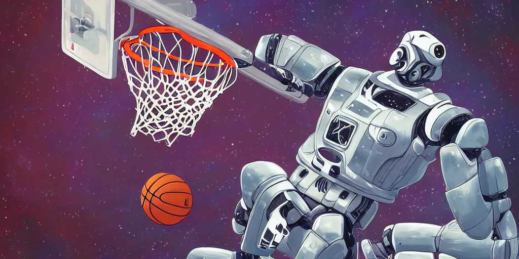 Image similar to digital painting of a robot dunking a basketball in space, highly detailed, science fiction, mix of styles, intricate, ghost in the shell color scheme, basketball, masterpiece