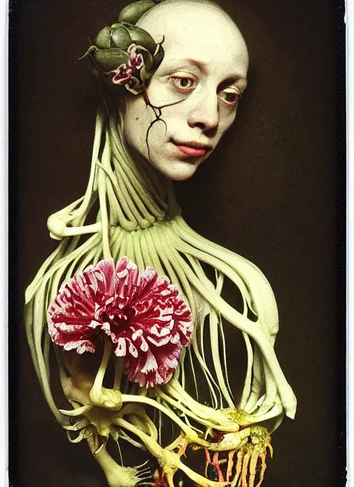 Image similar to beautiful and detailed rotten woman made of plants and carnation, chrysanthemum, tulips, muscles, intricate, organs, ornate, surreal, john constable, guy denning, gustave courbet, caravaggio, romero ressendi 1 9 1 0 polaroid photo