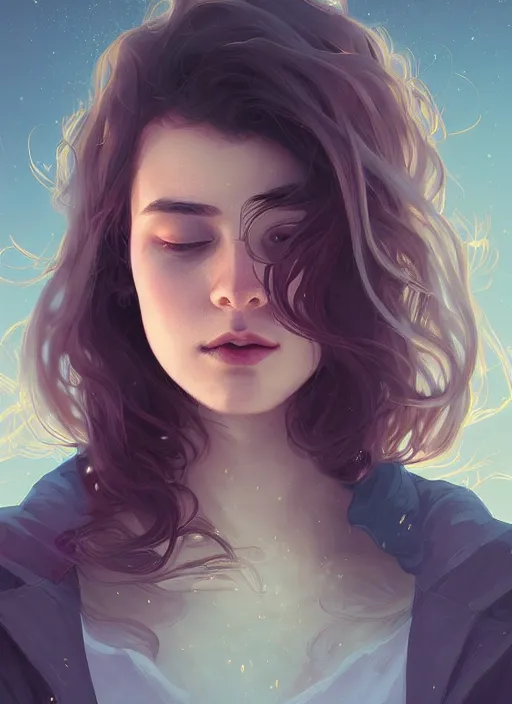 Image similar to handsome young women with shoulder length brown hair, smoke, foggy, half body shot, path traced, highly detailed, high quality, digital painting, alena aenami, lilia alvarado, shinji aramaki, karol bak, alphonse mucha, tom bagshaw