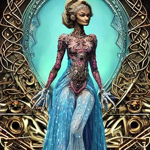 Image similar to beautiful zendaya in a cosmic dress, full-body, ornate, rococo, grotesque, zbrush art, majestic, organics, silver filigree, colorful, dark fantasy, celtic knot, anatomical, h r giger style, moebius, frank frazetta, ornate, art nouveau, symmetrical, turquoise jewelry, red smoke, roses, unbiased render, rotten, Emil melmoth, eerie, macabre, haunting + insanely detailed and intricate, floral, faded pink, hypermaximalist, elegant, vintage, hyper realistic, super detailed, pastel colors,