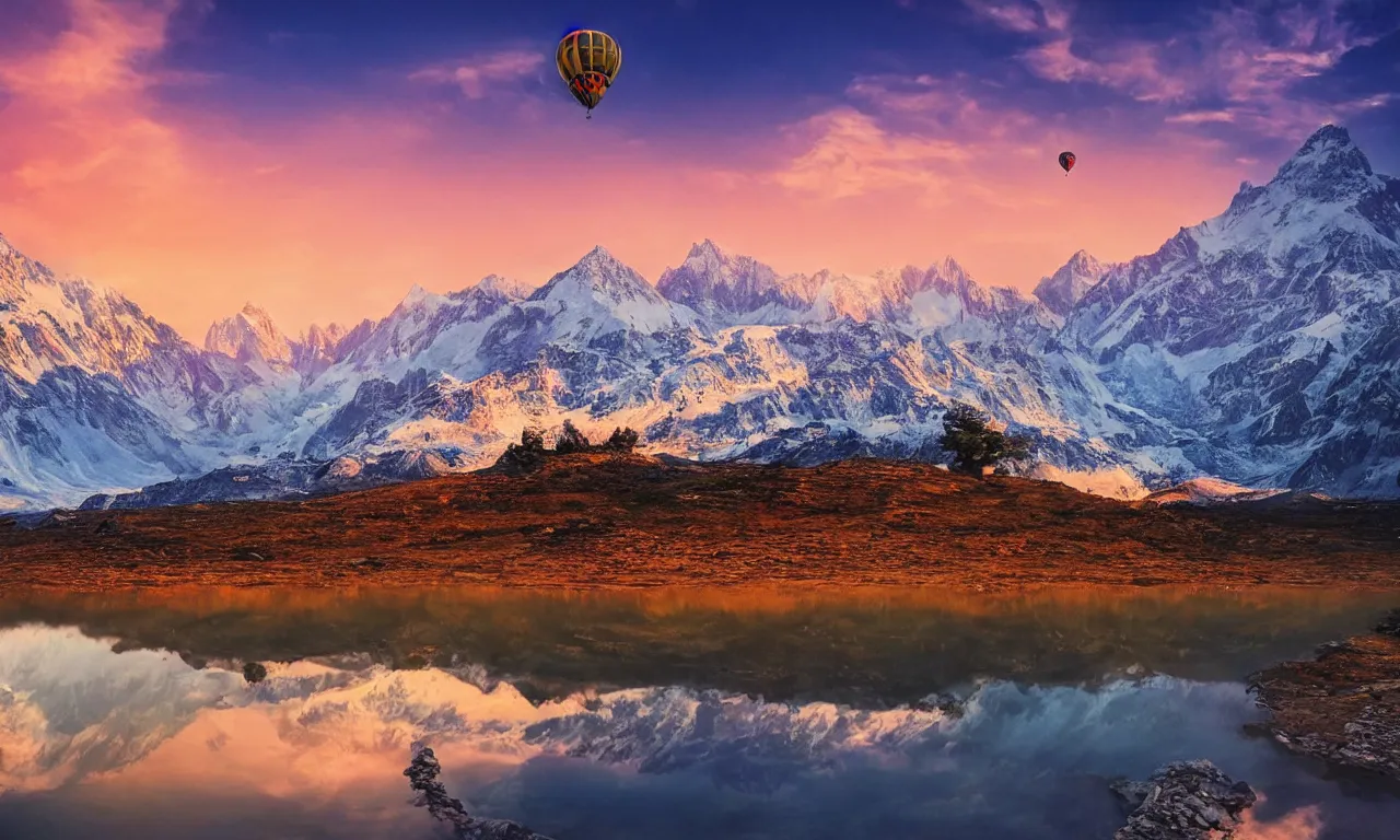 Prompt: breathtaking himalayan landscape, pastel sunset, lake, realistic reflections, pine trees, hot air balloon, last light on a mountain top, dreamy colors, photorealistic, landscape photography, beautiful, 4 k, trending on artstation, serene, blissful, national geographic