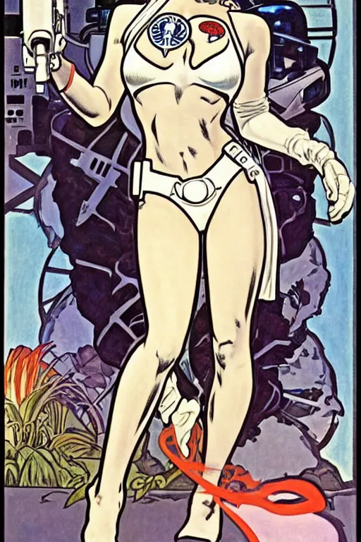 Image similar to female in white bikini with tattoos and stormtrooper helmet, well composed, clean elegant painting, beautiful detailed face. comic book art by steve ditko and jack kirby and ( alphonse mucha )