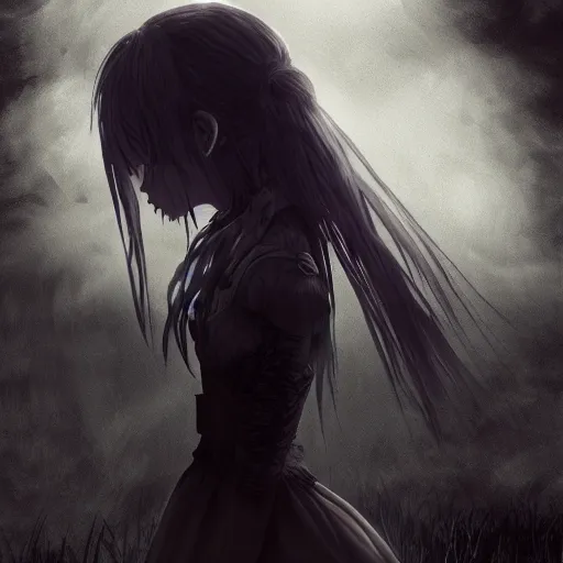 Image similar to full shot portrait of angry darkness anime girl at moonlight, gothic wearing, inspired by Tim Burton, WLOP, Marc Simonetti, Amano, Andrei Riabovitchev, detailed, unreal engine 4k volumetric light, fog,