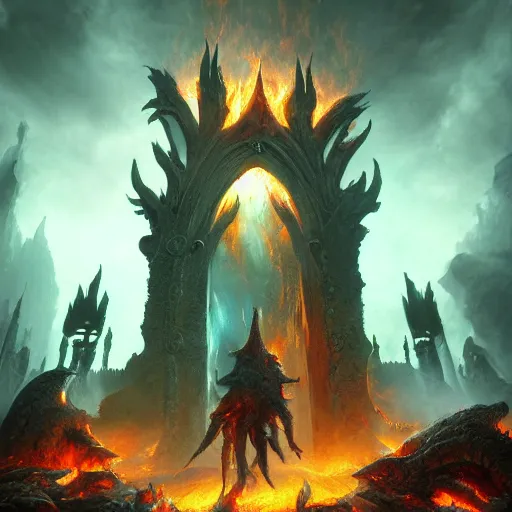 Image similar to The gates of hell, fire, volumetric fog, demons, fantasy, medieval, vivid colors, elegant, concept art, sharp focus, digital art, Hyper-realistic, 4K, Unreal Engine, Highly Detailed, HD, Dramatic Lighting by Brom, trending on Artstation