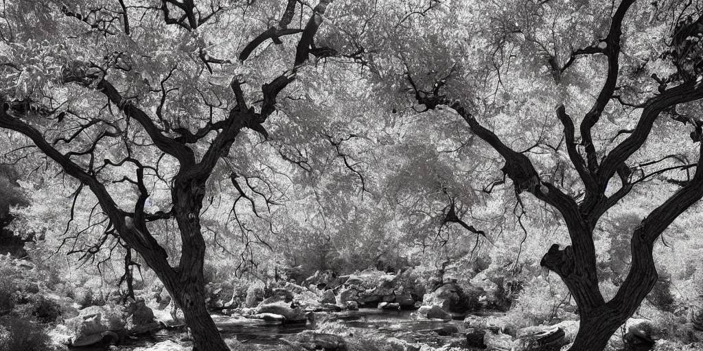 Prompt: single maple tree growing in grand canyon, stream, ansel adams, highly detailed, masterpiece
