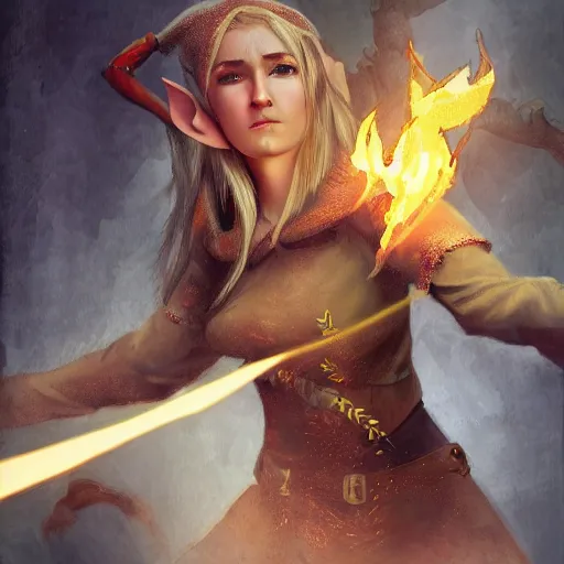 Image similar to a realistic illustration of a top half of a body of a female elf casting a fire spell