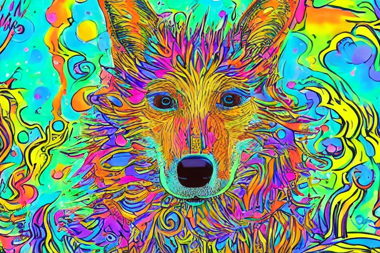 Image similar to a dingo who is a psychedelic music DJ. He has a house for a body. There are candles all around. He is tripping on LSD. Highly detailed, Cinematic. Cartoon style. 4k, Realistic, detailed.