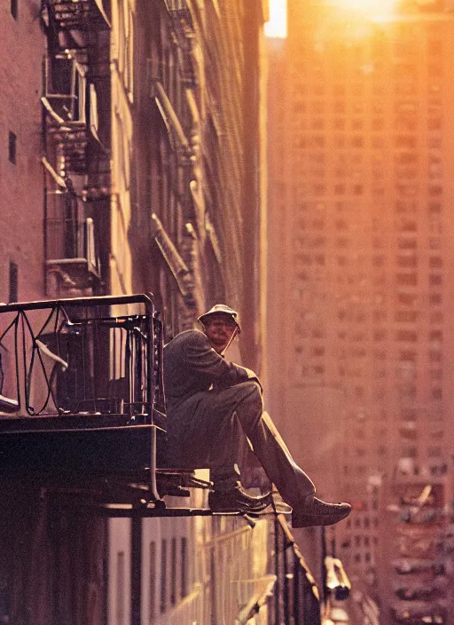 Image similar to a 35mm photograph of a man sitting on a fire escape in New York City in the 1960's at sunset, bokeh, Canon 50mm, cinematic lighting, photography, retro, film, Kodachrome, award-winning, rule of thirds, golden hour