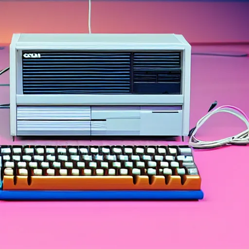 Image similar to commodore 6 4 with tape drive, retro computer in synthwave style