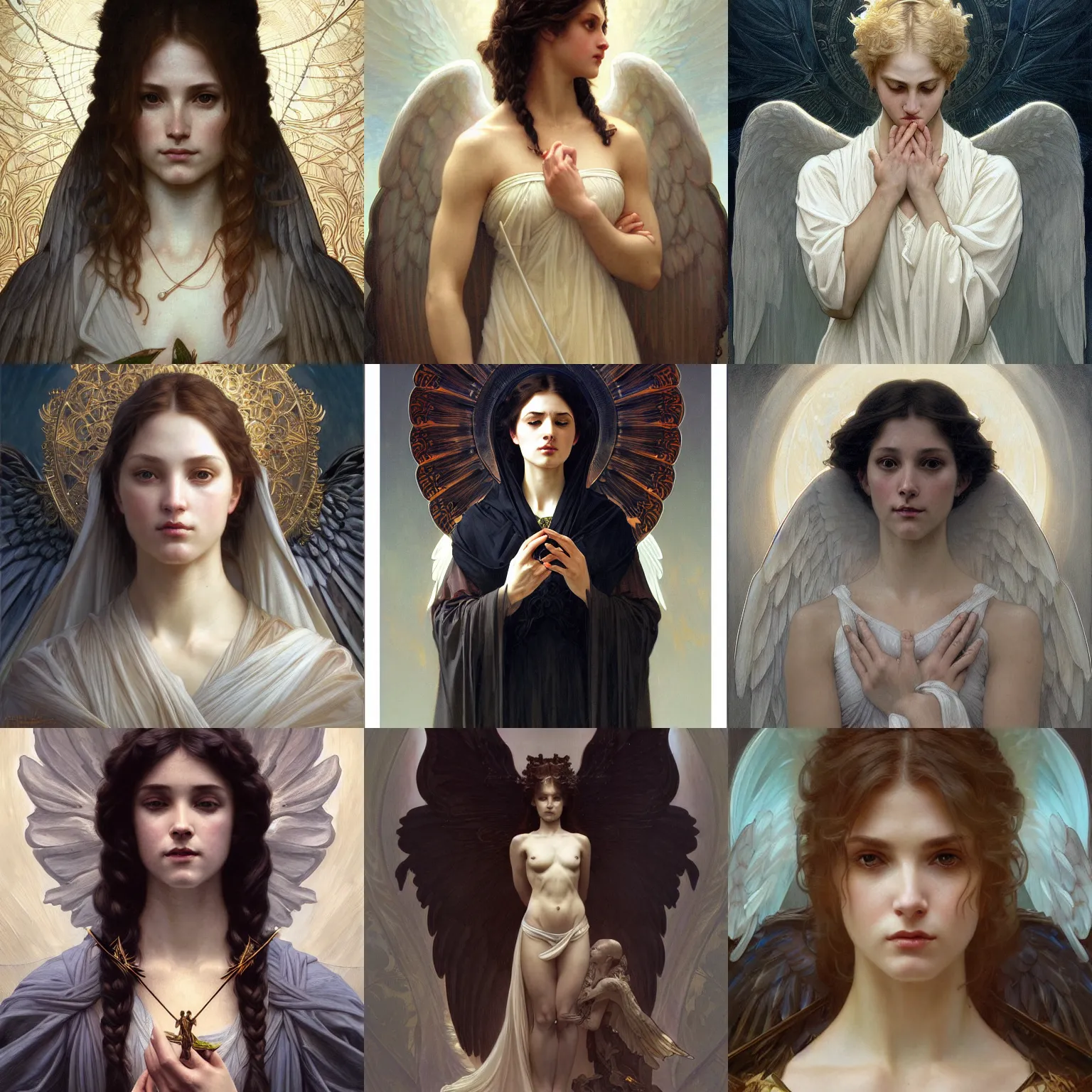 Prompt: portrait of the angel of sorrow and loss, intricate, elegant, highly detailed, digital painting, artstation, concept art, smooth, sharp focus, illustration, art by artgerm and greg rutkowski and alphonse mucha and william - adolphe bouguereau