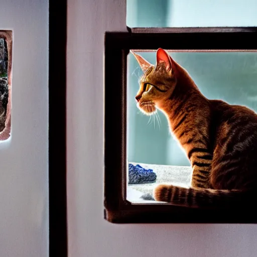 Image similar to photo of a cat watching martian landscape inside a window next to a bowl with cat food