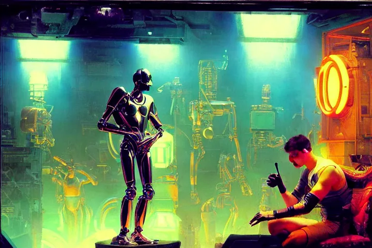 Image similar to synthwave, robotic arm, neon lights, cool tint, painting by gaston bussiere, craig mullins, j. c. leyendecker, tom of finland