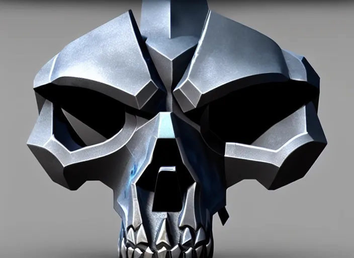 Prompt: jagged damaged brushed metal skull faceplate, stylized stl, 3 d render, activision blizzard style, hearthstone style, darksiders art style