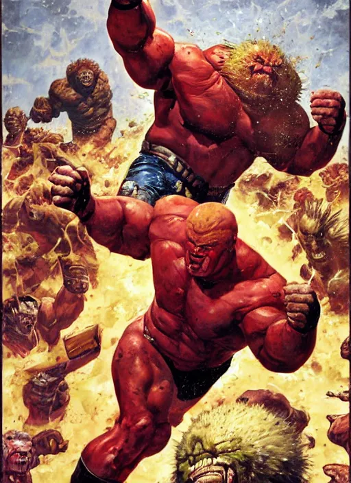 Image similar to full body and head portrait of brock lesnar as marvel juggernaut vs the thing, dynamic action, painted by norman rockwell and phil hale and greg staples and tom lovell and frank schoonover and jack kirby