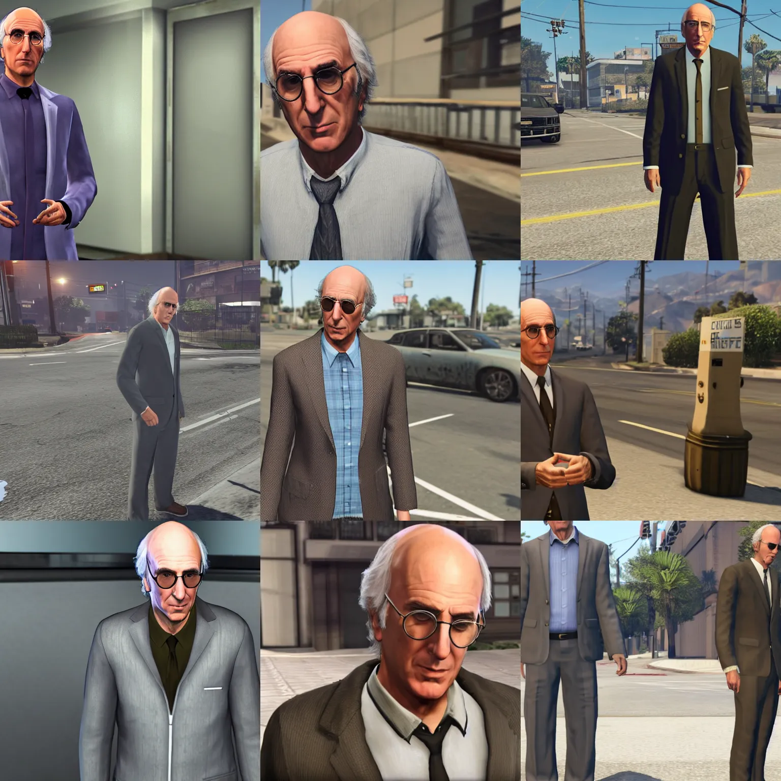 Prompt: larry david in damaged suit, frowning, as the protagonist of gta 5, screenshot