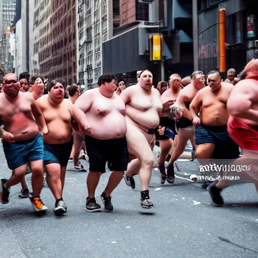 Prompt: portrait of a horde of fat shirtless people raiding the streets of new york city, motion blur, 4 k editorial photograph, soft lighting, people running