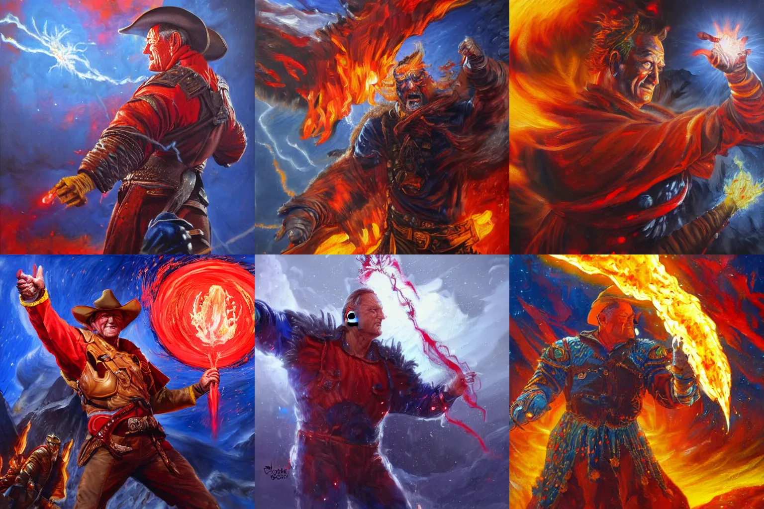 Prompt: highly detailed oil painting, concept art, john wayne casting a fireball spell, fighting against a huge ice giant, red and blue color scheme, concept art, highly detailed