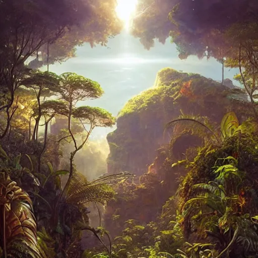 Prompt: a hyperrealistic illustration of an untouched Island, teeaming jungle with fractal sunlight, award-winning, masterpiece, in the style of Tom Bagshaw, Cedric Peyravernay, Peter Mohrbacher