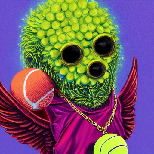 Image similar to a tennis ball monster with angel halo and wings, golden chain necklace, balaclava, tennis ball, urban, hip hop, rap, colorful, digital art, fantasy, magic, trending on artstation, ultra detailed, professional illustration by Basil Gogos