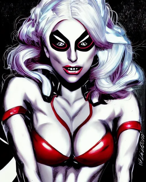Prompt: comic book cover of lady gaga harley queen, graphic art, rgba, pinterest, dynamic character, highly character details, concept art, highly realistic, intricate details, highly detailed, reduce character duplication, reduce character image stackin, in the style of alex ross, don lawrence's, takehiko inoue, tite kubo, and akira hiramoto