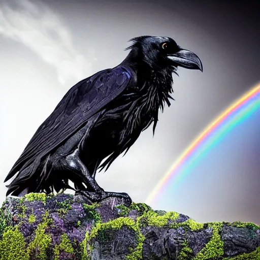 Prompt: a destitute raven sitting on the edge of a rainbow ravine gazing down into the prismatic abyss as god raise of iridescent lights and shroud him with mystical enlightenment