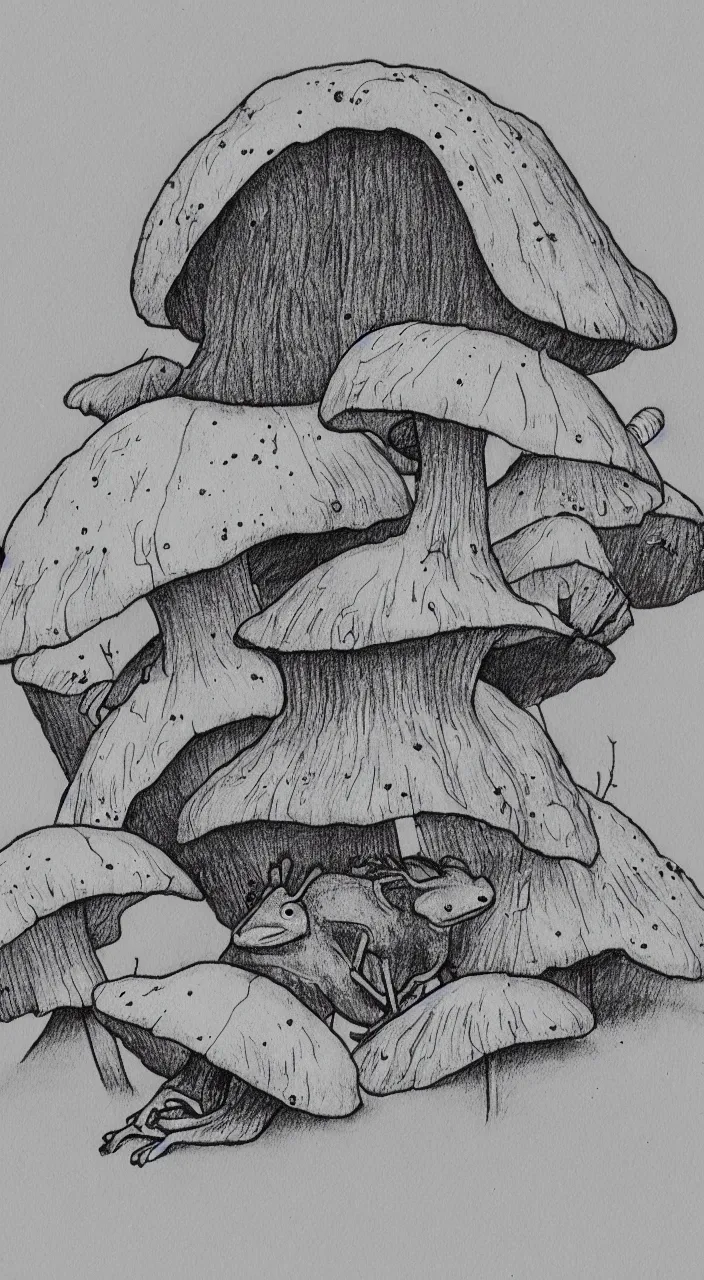 Prompt: cottagecore frog on a mushroom black and white drawing