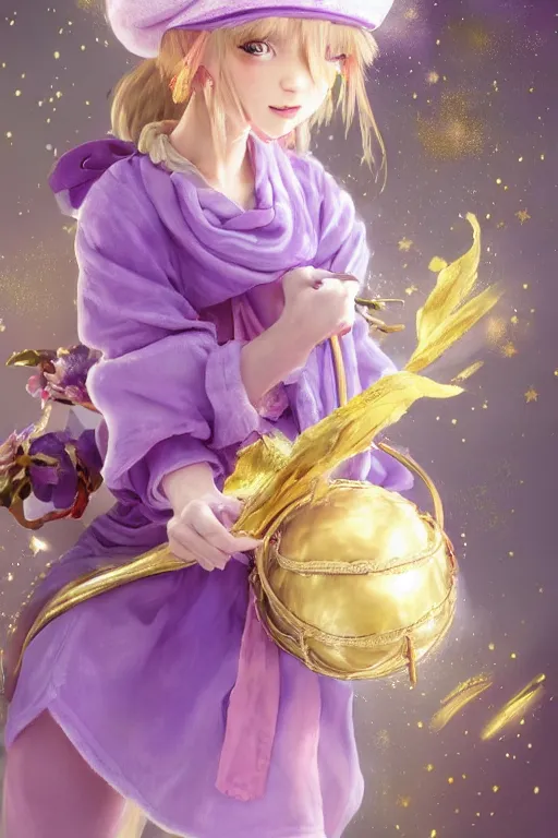 Image similar to Full View fairy maiden with short blond hair wearing an oversized purple Beret, Baggy Purple overall shorts, Short Puffy pants made of silk, silk shoes, a big billowy scarf, Golden Ribbon, and white leggings Covered in stars. covered in embroidery. Short Hair. peasant magic. masterpiece 4k digital illustration by Ruan Jia and Mandy Jurgens and Artgerm and william-adolphe bouguereau, award winning, Artstation, art nouveau aesthetic, Alphonse Mucha background, intricate details, realistic, panoramic view, Hyperdetailed, 8k resolution, intricate art nouveau