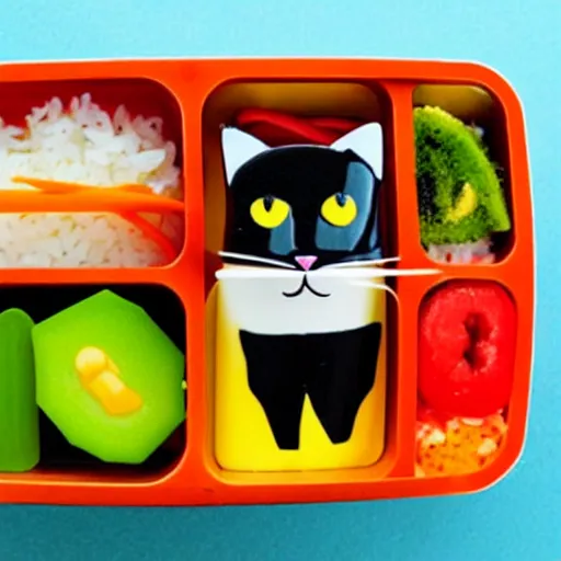 Image similar to a bento box in the shape of a cat. bright colored rush and rice make a picture of a cat in a nice little box.