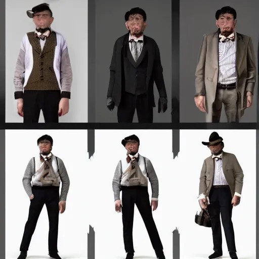 Prompt: outlive smart casual collection lookbook grid, in the style of grand chamaco and stanley kubrick, inspired by rpg fantasy characters, photorealistic, epic, super technical, cinematic still