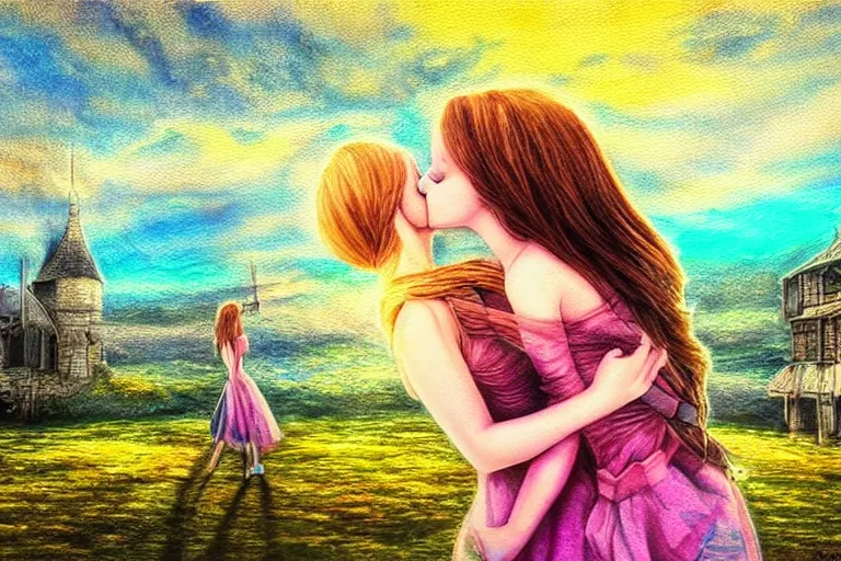 Image similar to girl kiss, fantasy, pen painting, ultra realistic!!!, hdr, clear weather, golden hour, sharp focus