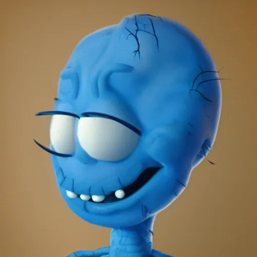 Prompt: portrait of real life mr meeseeks. photo realism. dramatic lighting. living room background. 4 k