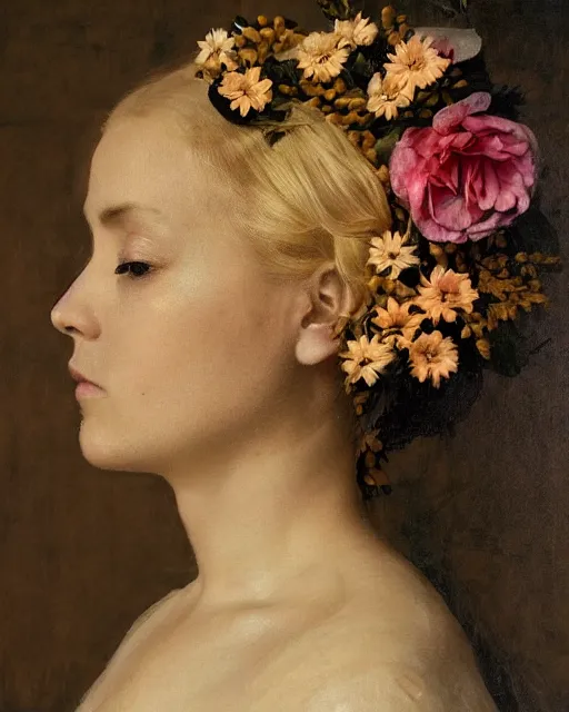 Image similar to a woman's face in profile, blonde, made of flowers, in the style of the Dutch masters and Gregory Crewdson, dark and moody