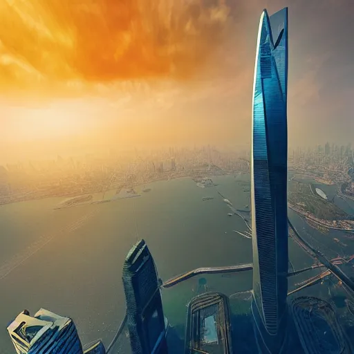 Image similar to spuerman flying upon shanghai lujiazui, cityscape, cloud day, artstation, 8 k