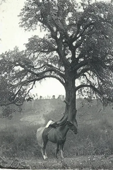 Prompt: an 1800s photo taken from a distance of a horse on top of the branches of a tree