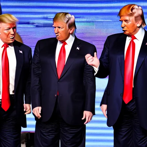 Prompt: photo of a vladimir putin, donald trump and ron desantis dancing a congo line on stage at cpac,