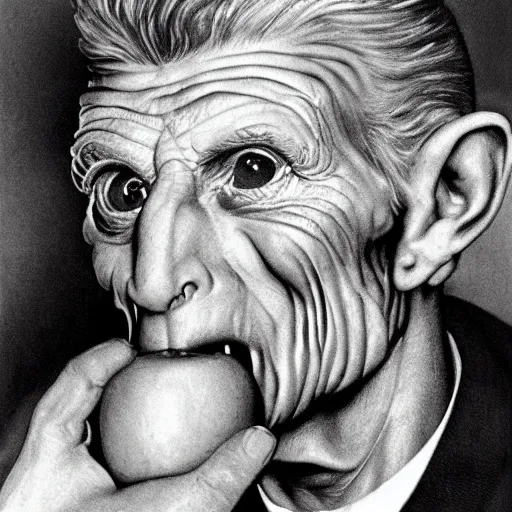 Image similar to samuel beckett's features on the face of a roast pig with an apple in its mouth