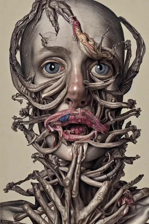 Image similar to Detailed maximalist portrait of a greek god with large lips and eyes, scared expression, botanical anatomy, skeletal with extra fleshy limbs, HD mixed media, 3D collage, highly detailed and intricate, surreal illustration in the style of Jenny Saville, dark art, baroque, centred in image