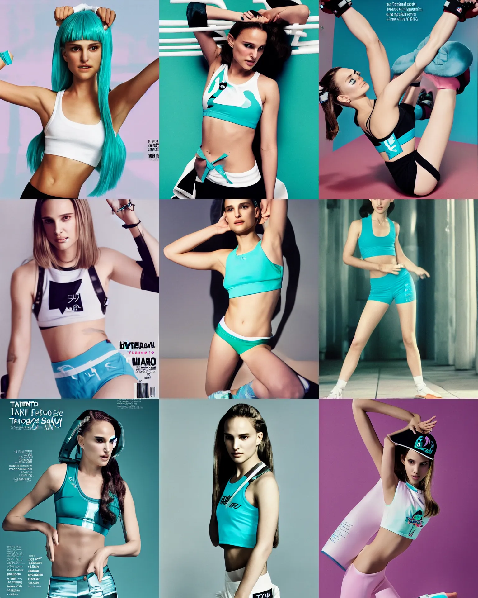 Prompt: young Natalie Portman as hatsune miku wearing crop gym top with white lettering, crop yoga short, Advertising photography by Mario Testino, masterwork, cgstudio