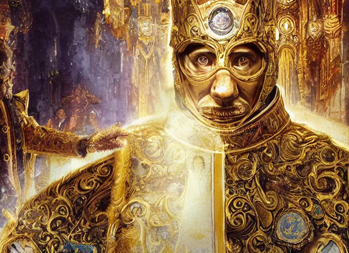 Image similar to kneeling before the pope, royal robe, gold trim, light effect, hyper detailed, intricate, atmospheric, elegant, photorealistic by paul lehr, marco mazzoni, featured on cgsociety, rococo, whimsical, artstation