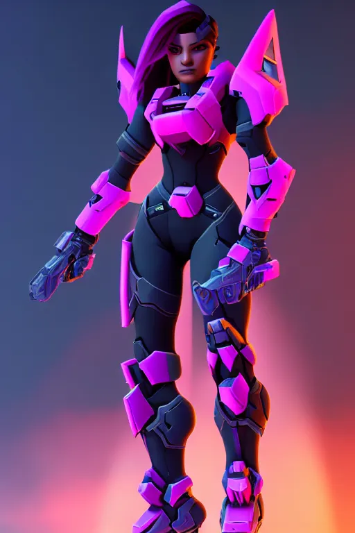 Prompt: character design sombra from overwatch in a spartan mjolnir mkv armor from halo. halo reach. with two pistols, akimbo. halo 3 poster style background. render style. 8 k. realistic. art station by sung choi and eric pfeiffer and gabriel garza and casper konefal