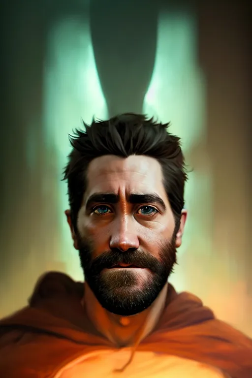 Image similar to portrait of jake gyllenhaal rendered in unreal engine 5, by wlop, greg rutkowski, and peter mohrbacher, 3 d, extremely detailed shading, concept art, character design, trending on artstation, unreal engine 5, octane render, atmosphere, glow, cinematic lighting, full of color