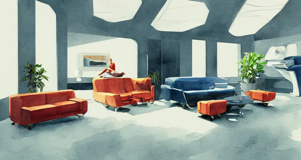 Prompt: a beautiful illustration of futuristic interior hall, lots of furniture, sofa, waiting room, big medium small, sacred geometry, golden ratio, in watercolor gouache detailed paintings, in style of syd mead, trending on artstation,8k, panel, hard surface, vent, zaha hadid, props, plant, cozy,decoration around the room